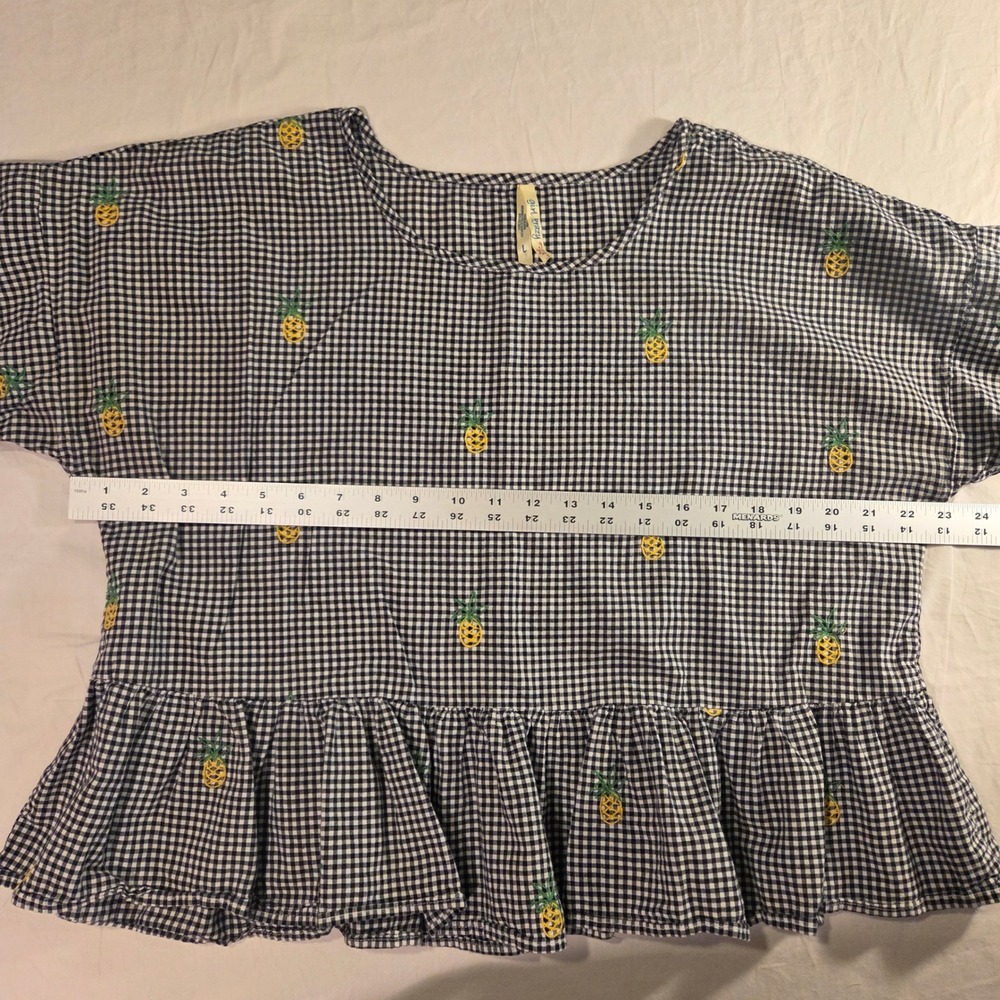Girl Krazy Women's Pineapple Print Embroidered Gingham Peplum Bouse, Size L - Picture 7 of 10